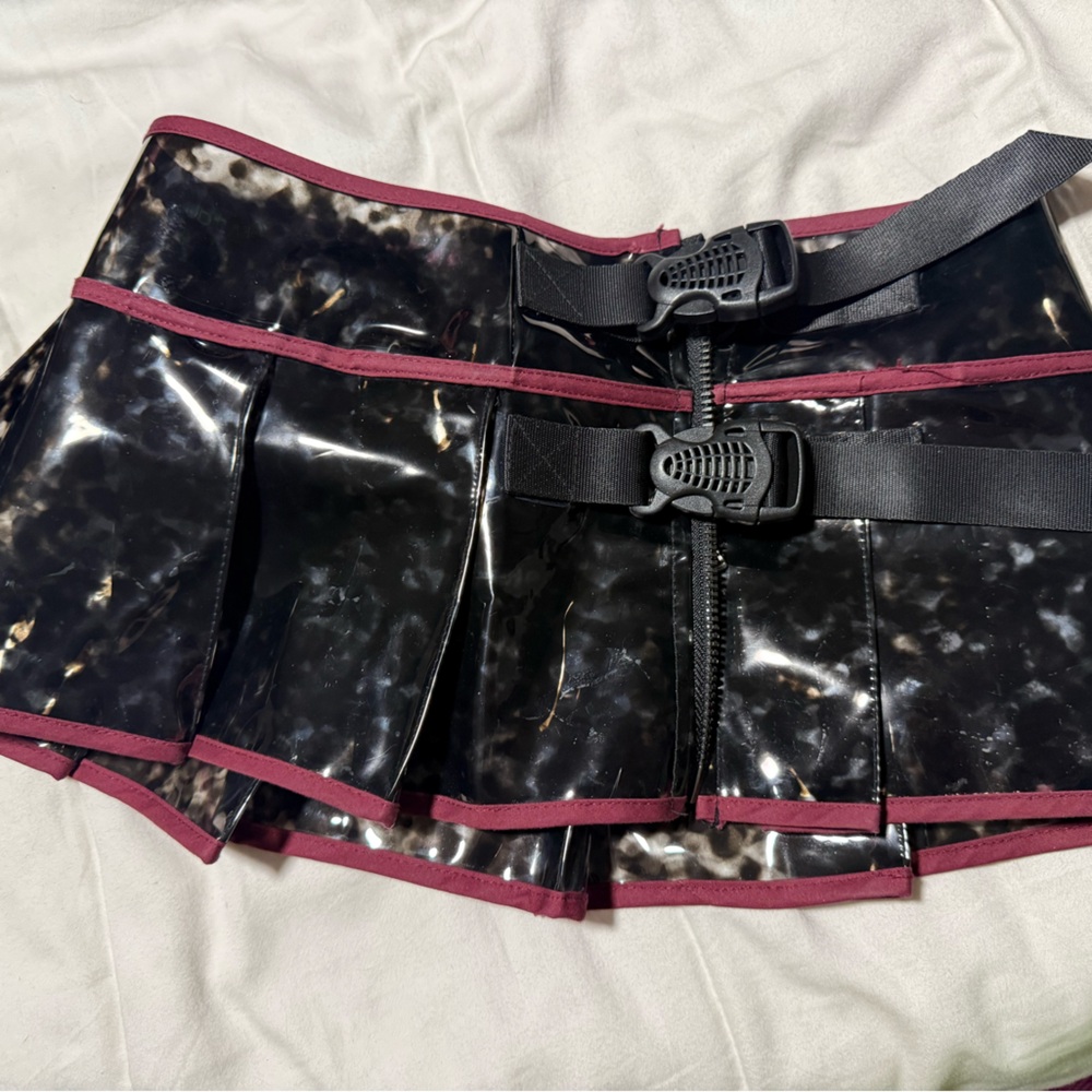 Dollskill Black Vinyl Corset skirt with clasp buckles Burgundy Trim